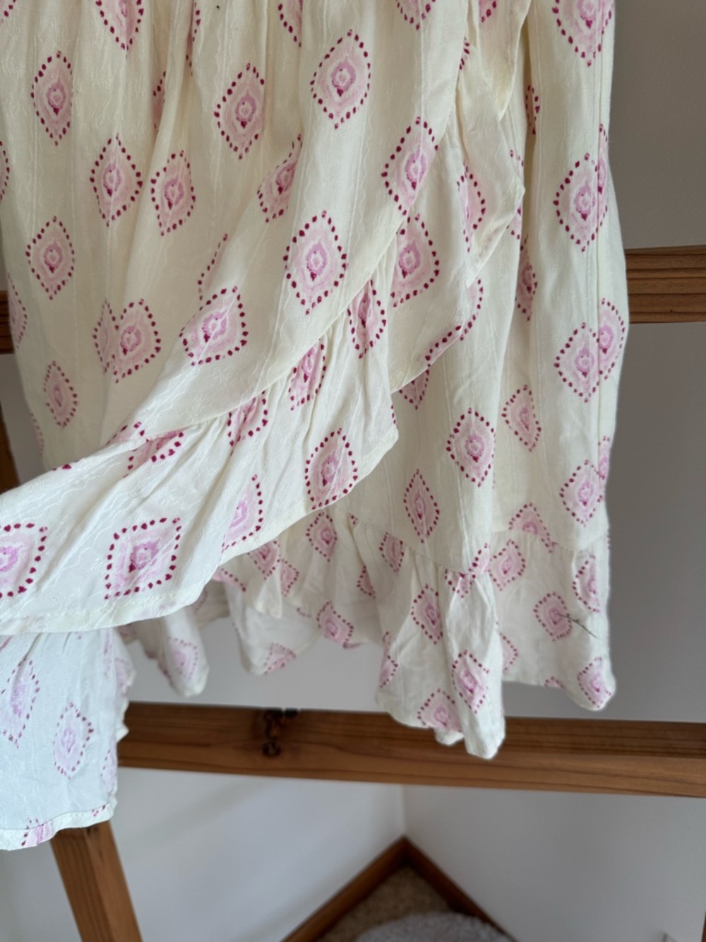 Girls' Cream Sundress with Pink Diamond Print - Spaghetti Strap Casual Dress - Picture 3 of 6